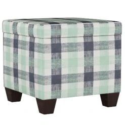 Fairland Square Storage Ottoman Check Navy Green - Skyline Furniture