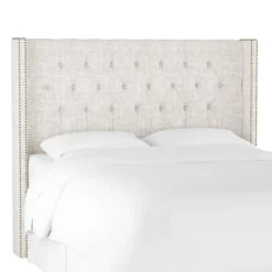 King Louis Diamond Tufted Wingback Headboard Off White Linen With Brass Nail Buttons - Skyline Furniture